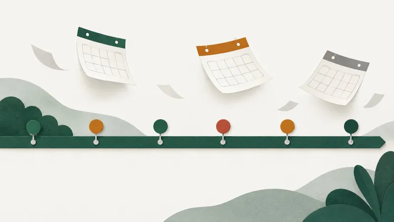 Timeline ribbon with green, amber and red pins and blank calendar pages above it