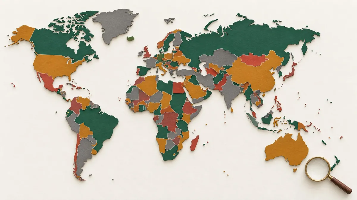 Paper-cut world map with countries tinted green, amber and red, with a magnifying glass on one corner