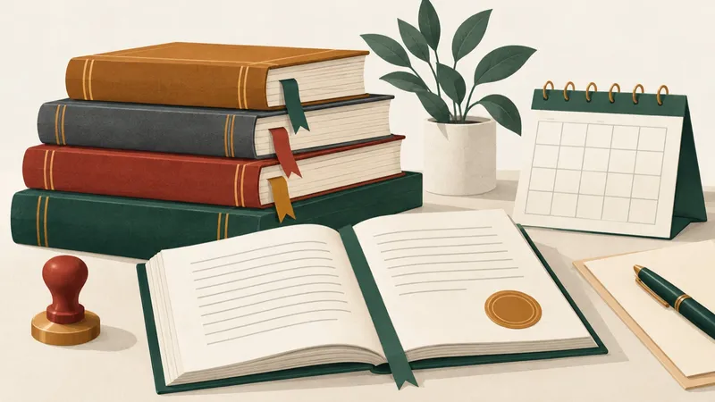 Stack of bound legal documents with ribbon bookmarks, an official seal and a desk calendar