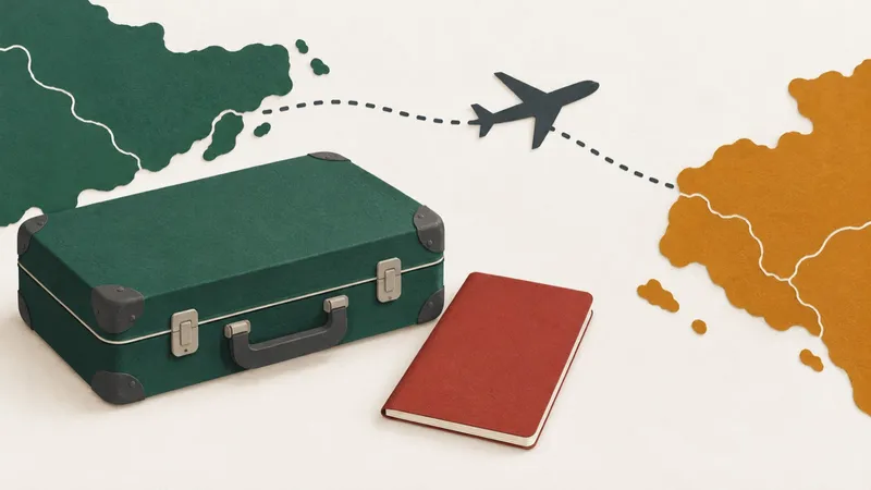 Suitcase and passport beside a small airplane flying over a dotted border between a green and an amber region