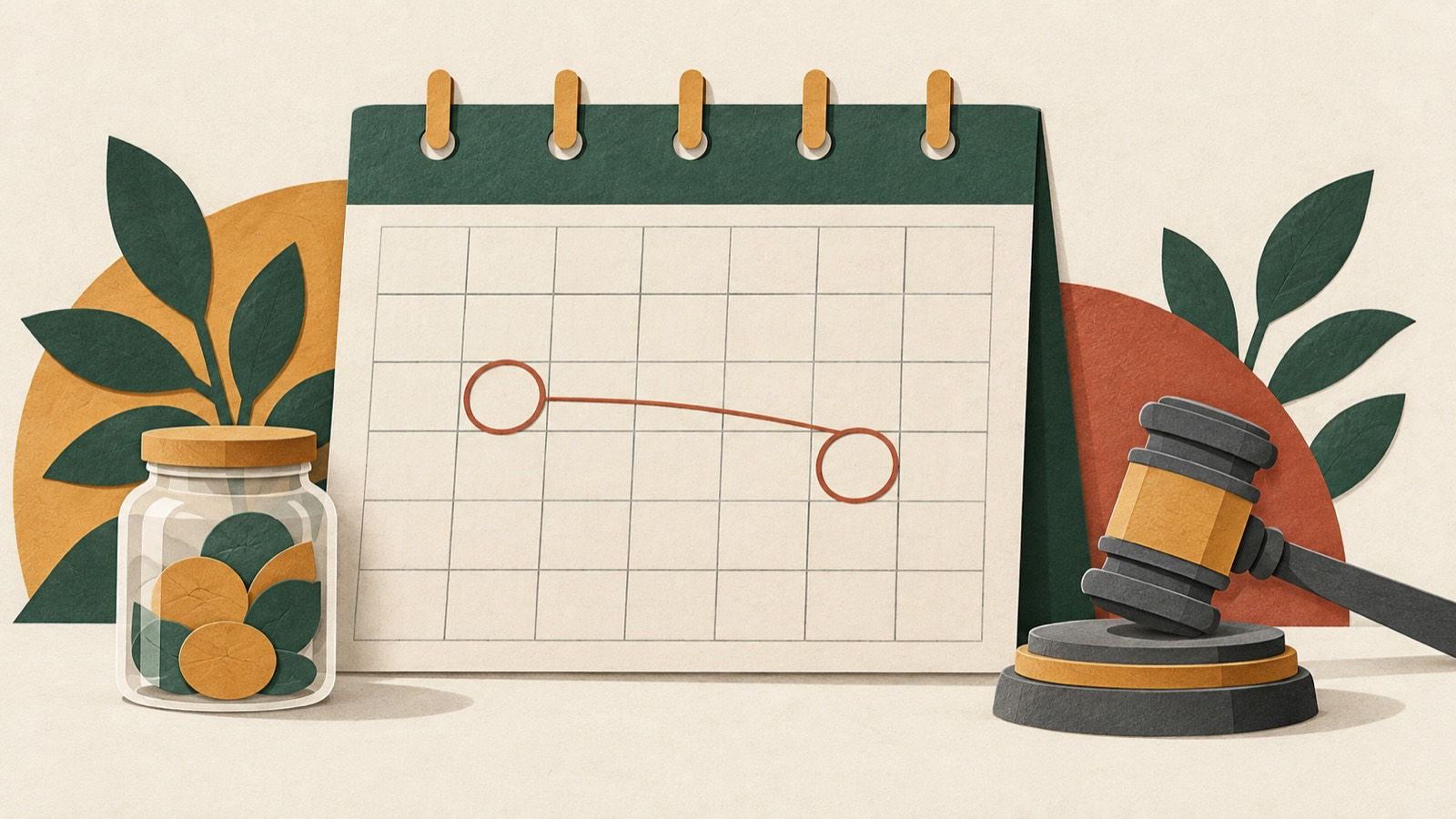 Paper-cut illustration of a desk calendar with two circled dates joined by a line, a glass jar and a gavel