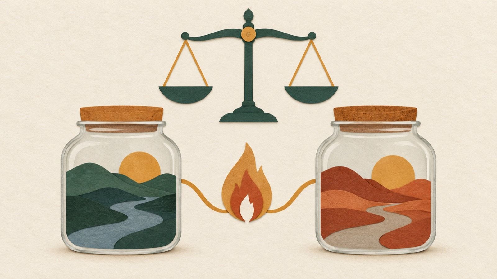 Paper-cut illustration of two glass jars joined by a small flame under a set of balance scales